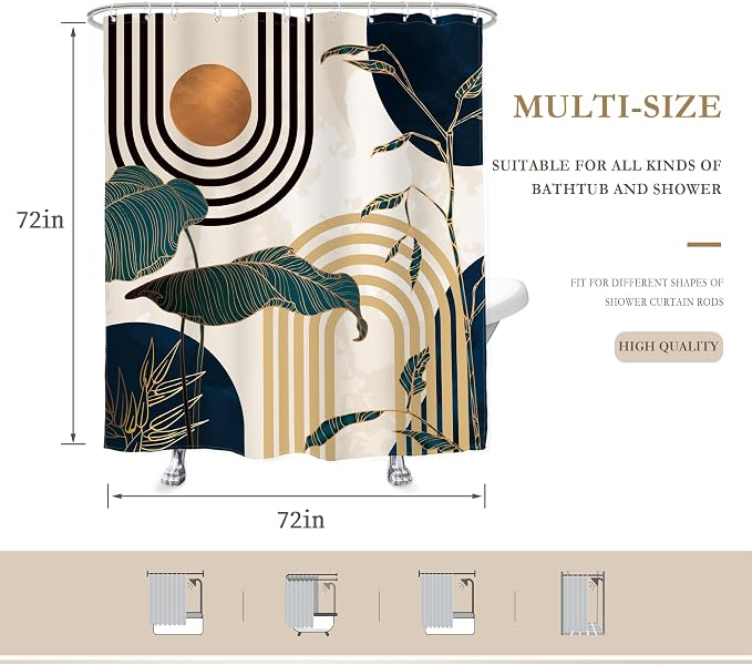 Glawry Blue Abstract Mid Century Shower Curtain Boho Retro Tropical Palm Tree Modern Sun Arch Bathroom Aesthetic Geometric 72Wx72L Inches Bath Accessories Art Home Decor Fabric 12 Pack Hooks