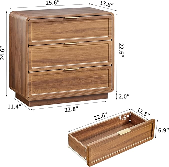 Modern Nightstand Set of 2 for Bedroom, 26'' Wide Wood 3 Drawers Bedside Table, Large Dresser w/Curved Profile Design, Side Table, End Table with Storage Drawers for Living Room, Entryway, Walnut