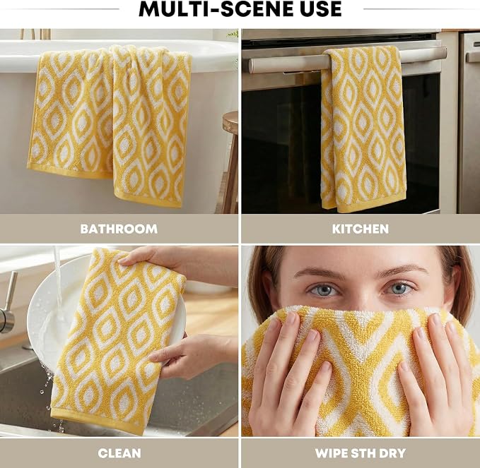 Artoid Mode 2 Pcs Beige Yellow Diamond Grid Jacquard Hand Towels for Bathroom, 100% Cotton Soft Absorbent Bathroom Decor Towels, 13.7 x 29.5 Inch