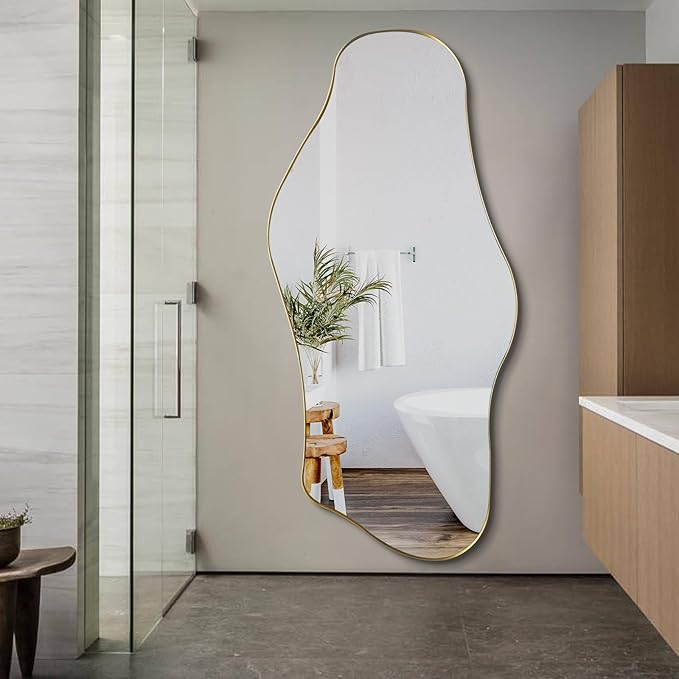 Irregular Mirror Full Length, 63.4"x29" Large Asymmetrical Mirror with Gold Metal Frame, Modern Abstract Wall Mirror for Living Room Bedroom Entryway, Hangs Vertically or Horizontally
