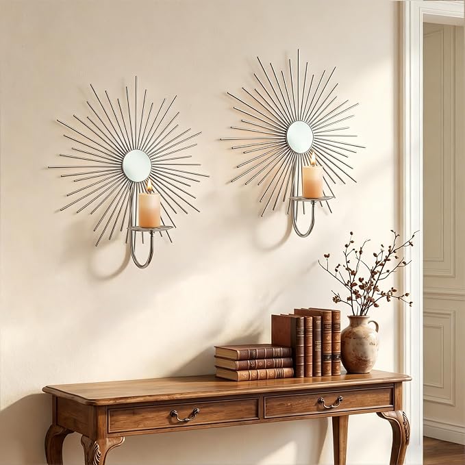 2 Set Candle Sconces Wall Decor for Living Room Metal Sunburst Mirrored Modern Gold Wall-Mounted Candle Holder Sconces Hanging Mounted Fireplace Farmhouse Wedding