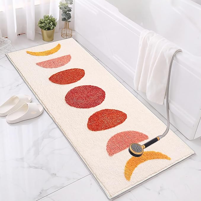 UKELER Bohemian Laundry Room Rug Non Slip Boho Kitchen Rug Runner Soft Fluffy Accent Bedroom Bedside Rugs Living Room Rugs Washable Absorbent Bath Mat for Bathroom, Tub, Beige, 60x20 Inch