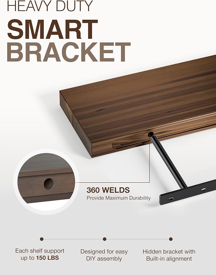 BATODA Set of 2 36" Acacia Floating Shelves for Wall – Rustic Farmhouse Floating Shelves - Wooden Wall Storage Shelf Home Décor - DIY Floating Book Shelves - with Brackets & Hardware (Walnut Color)
