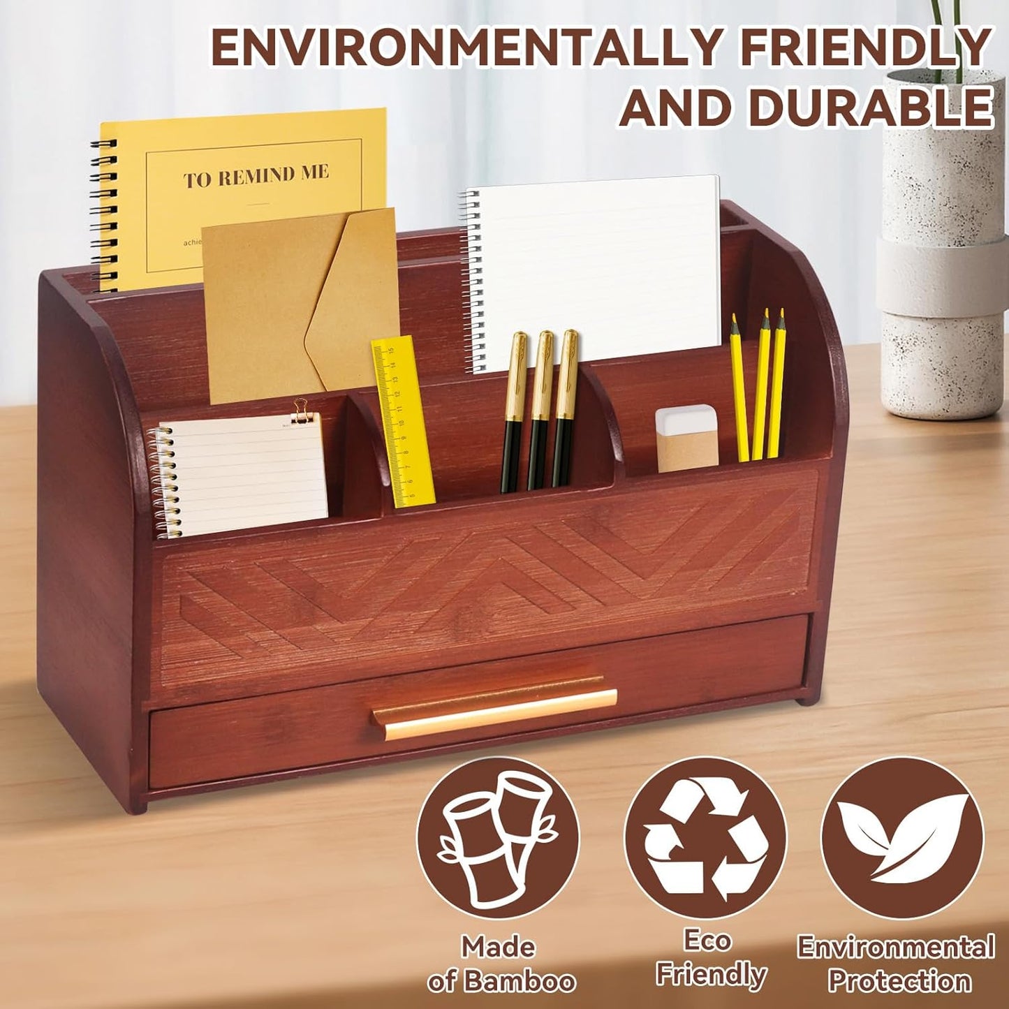 Skiennix Mail Organizer - Stylish Brown Wood Countertop Holder for Home & Office Storage