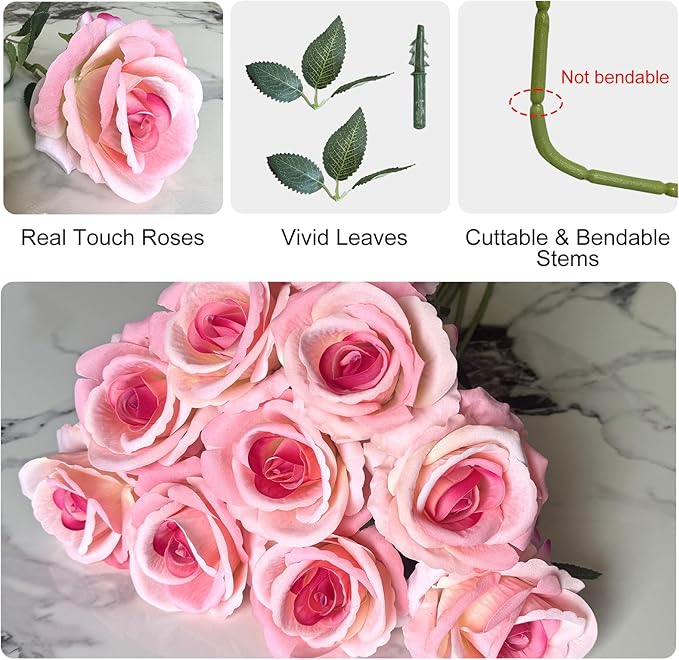 10 Pcs Artificial Rose Bouquets in a Set Faux Flowers with Flannel and Silk-Like Touch Highly Realistic Handmade Ideal for Home Office Wedding Hotel Decorations as Well as Festival Party (Pink)