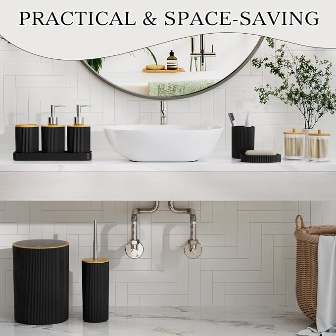 10PC Bathroom Accessories Set - Black and Wooden Bathroom Sets, Bathroom Accessory Set with Pop Up Trash Can, Toilet Brush, Trash Can, Qtip Holder & Soap Dispenser