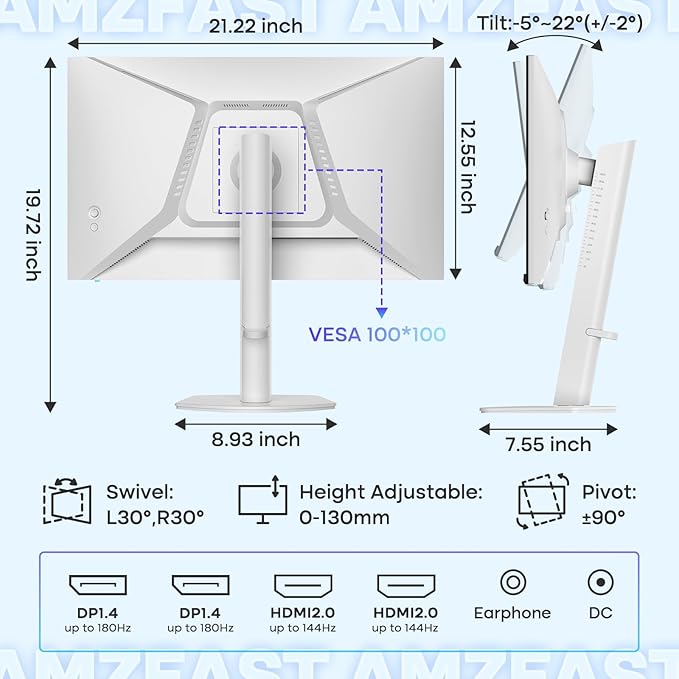 Amzfast 24 Inch Gaming Monitor 180Hz QHD 2k 2560 ×1440p Monitor, 1ms G-SYNC Compatible,Built-in Speakers,96% DCI-P3,HDR10, Height Adjustable, IPS Monitor with HDMI 2.0 x 2 & DP 1.4 x 2, AMZG24F6Q