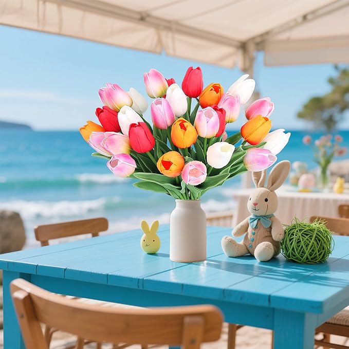 20pcs Tulips Artificial Flowers for Real Touch Fake Tulips Slik Faux Flowers for Summer Wedding Bouquet Mother's Day Decor (5 Color 14 Inches)