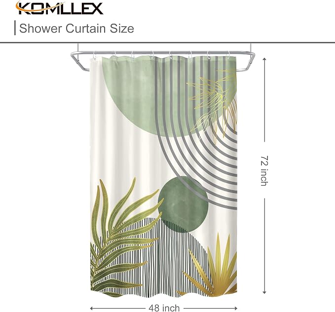 KOMLLEX Mid Century Mint Green Boho Shower Curtain for Bathroom Decor 48Wx72H Inches Abstract Modern Botanical Minimalist Arch Plant Chic Neutral Fabric Waterproof Polyester 8 Pack Hooks Pack Hooks