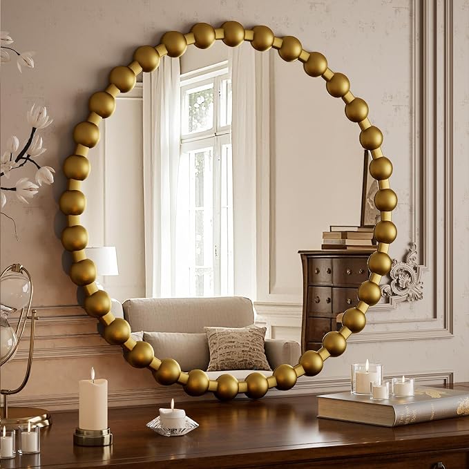 Easly Round Mirror for Wall, 28 Inch Gold Beaded Frame Decorative Vanity Mirror, Circle Bathroom Mirror with High-Definition Lense, Modern Wall Decor for Bathroom, Living Room, Bedroom, Entryway