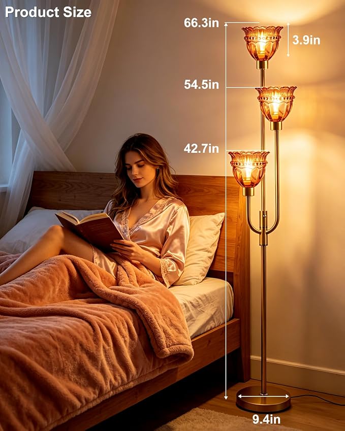 Lightdot 66IN 3-Lights Modern Glass Floor Lamp Gold Dimmable Floor Lamps with 3000K Warm White Bulbs for Wedding Party Tall Standing Lamp with Deep Red Glass Shade for Living Room/Bedroom/Home Decor