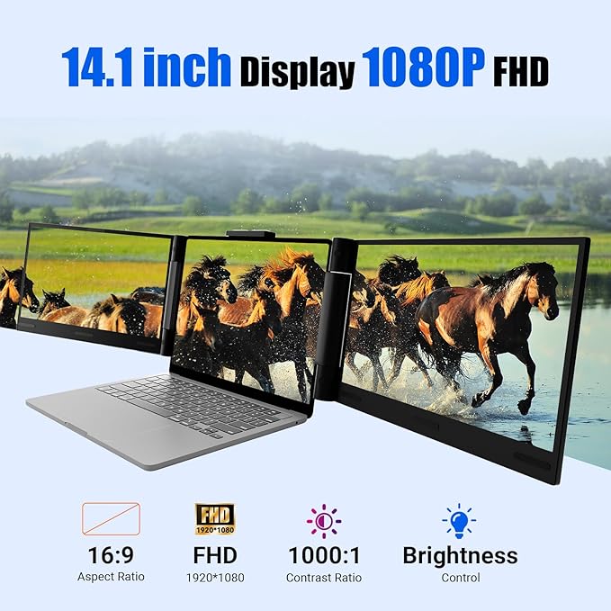 Laptop Screen Extender 14 inch Laptop Monitor Extender 1080P IPS, Triple Portable Monitor for Laptops 13-17.3" with USB-C DP/HDMI Port, Plug-Play Portable Screen for Windows/Mac/Chrome/Android