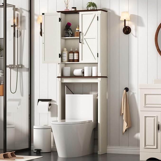jiteentarou Farmhouse Bathroom Storage Cabinet,Over The Toilet Storage Cabinet with Roman Column Decor,Tall Over The Toilet Shelf with Barn Doors,Over Toilet Bathroom Organizer(Rustic White)