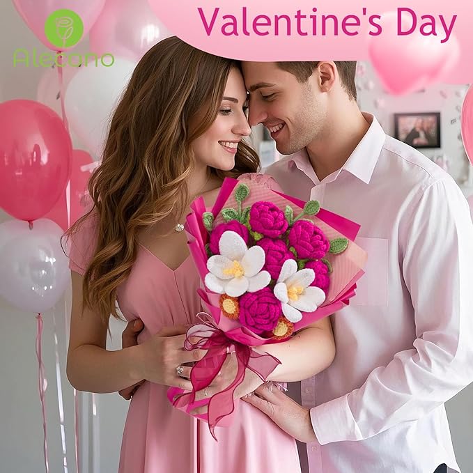 Alecono Crochet Flower Bouquet, Hot Pink Knitted Flowers, Crochet Tulip Rose Flower for Lover Anniversary Birthday Party Mother's Day Graduation Gifts (Include Card)