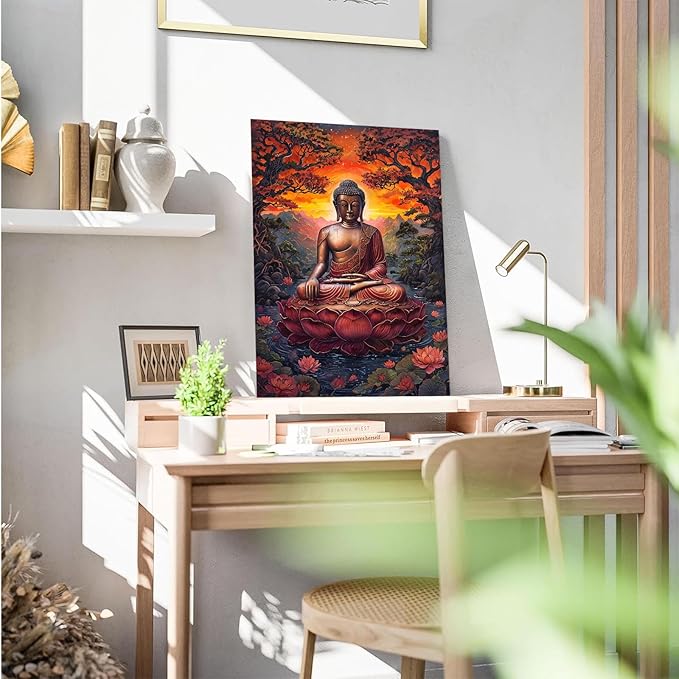 Golden Buddha on lotus seat serene meditation statue amidst lush trees flowing water and sunrise light spiritual home art for a tranquil decor 24x36in Wood Framed