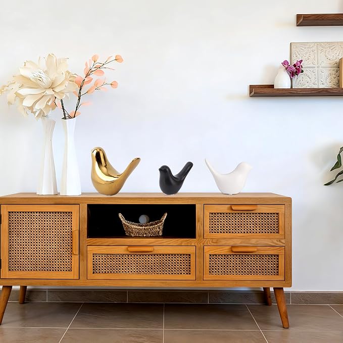 3pcs Mid-Century Modern Ceramic Bird Figurines, Gold White & Black Colored Ceramic Birds Mcm Medieval Decor Decorative Decoration for Home Office Desk Bookshelf Mantel Small Shelf Tabletop Centerpiece