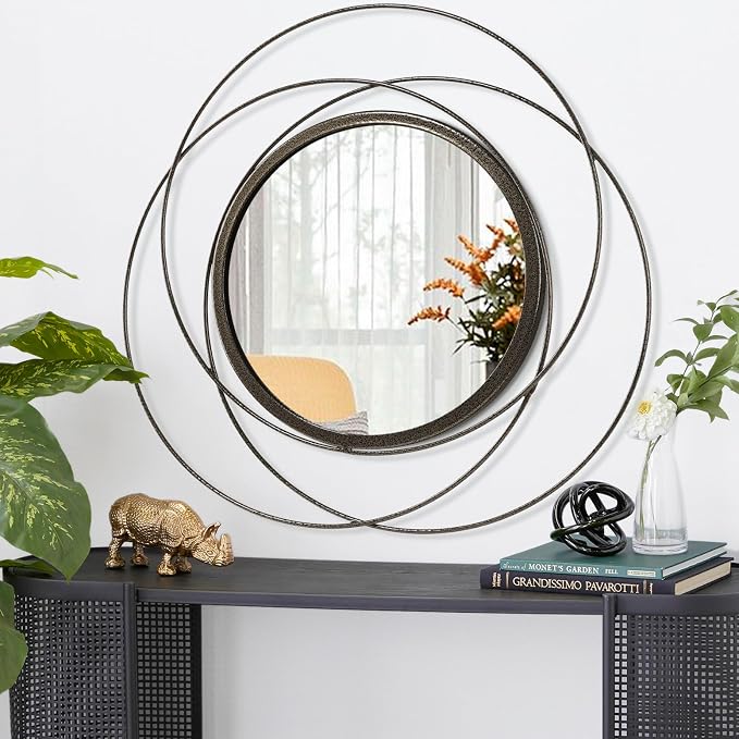 Circle Mirror for Wall with Iron Metal Wire Frame Wall-Mounted Mirror for Home Decor Living Room Bedroom Bathroom Entryway Large Brass 24" x 24"
