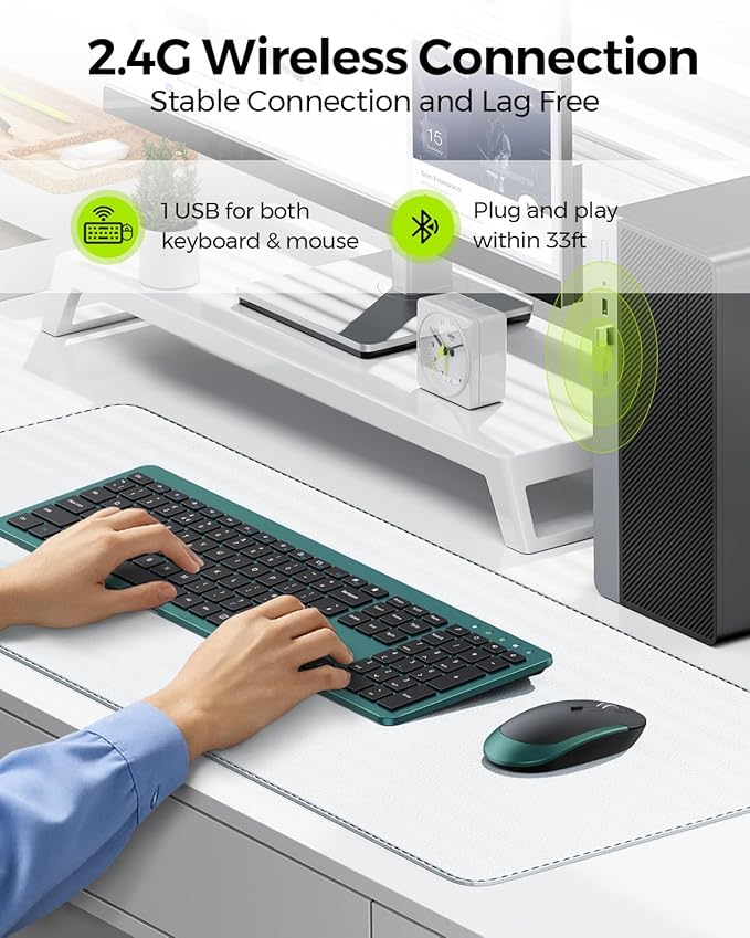 Wireless Keyboard and Mouse Combo, Full Size Slim Thin Cordless Keyboard Mouse with Numeric Keypad, Quiet Computer Keyboard Mice Set 2.4G Stable Connection Adjustable DPI (Green)