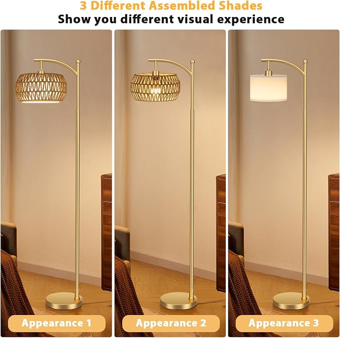 Ambimall Arc Floor Lamp for Living Room with Remote, Color Temperature & Brightness Adjustable, Bohemia Standing Lamp with Rattan & Fabric Double Drum Shades, Bulb Included(Gold)