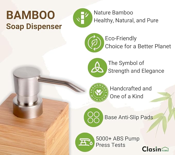 Clasin Home Bamboo Soap Dispenser with Anti-Slip Pads and Stylish Horizontal Wood Grain, Hand Dispenser for Bathroom, Kitchen, Dish, Lotion, Shampoo, Liquid Soap (7 Oz)