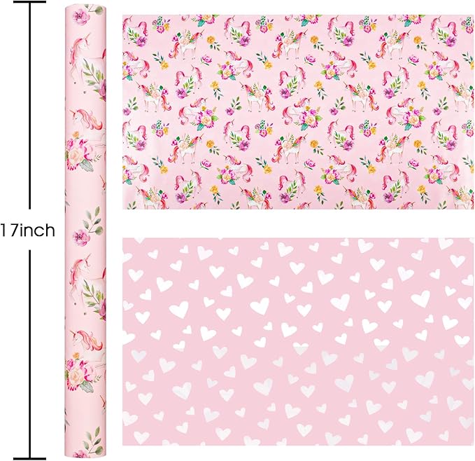 HOMERAL Pink Unicorn Wrapping Paper with Flower Designs - 17In x 33Ft (46.5sqft) Pink Unicorn Princess Gift Wrap with Hearts Reverse for Girls Birthday, Baby Shower, Valentines Day, Mothers Day, DIY Crafts