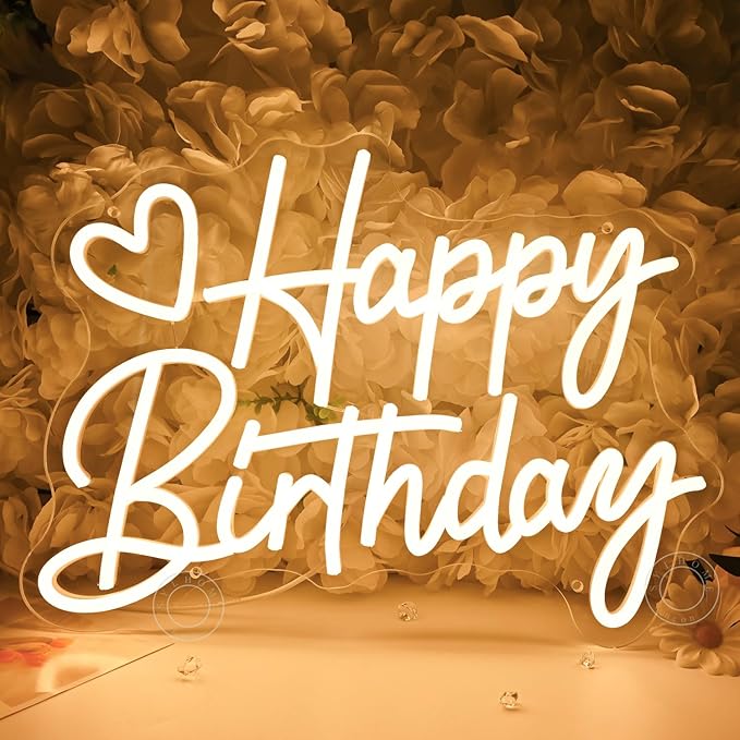 SYLHOME Happy Birthday Led Neon Light Sign Heart Birthday Party Bedroom Wall Sign Decor Banner Birthday Backdrop Light Up Sign 15.75" X 11.81" USB Dimmer Warm White 5V