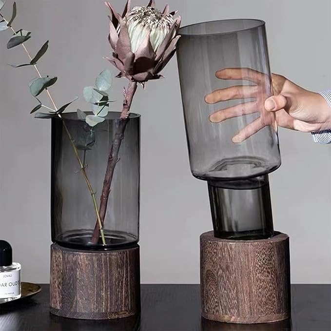 Wooden Vase, Glass Vase with Wooden Base Cylindrical Flower Vase, Classic Boho Rustic Style for Fireplace Bedroom Kitchen Living Room Centerpieces Office Desk, 10" H (Glossy)