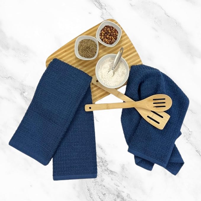 Serafina Home Waffle Blue Kitchen Dish Towels 100% Cotton Cloth Soft Cleaning Drying Absorbent Terry Box Loop: Set of 3 Multipurpose for Everyday Use, 18" x 28" (Blue Box)