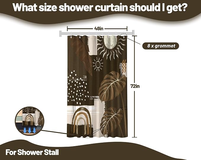 Dark Brown Mid Century Modern Shower Curtain Boho Abstract Khaki Earth Tone Shower Curtains for Bathroom Decor Sets, Waterproof Cloth Fabric with Hooks, 48 x 72 Inch