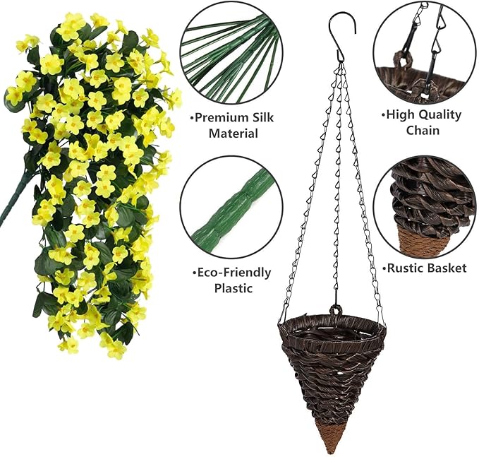 Artificial Faux Hanging Flowers Plants Baskets for Outdoor Outside, Fake Silk Yellow Orchid Trailing Vines in Planter Realistic UV Resistant for Balcony Porch Decor