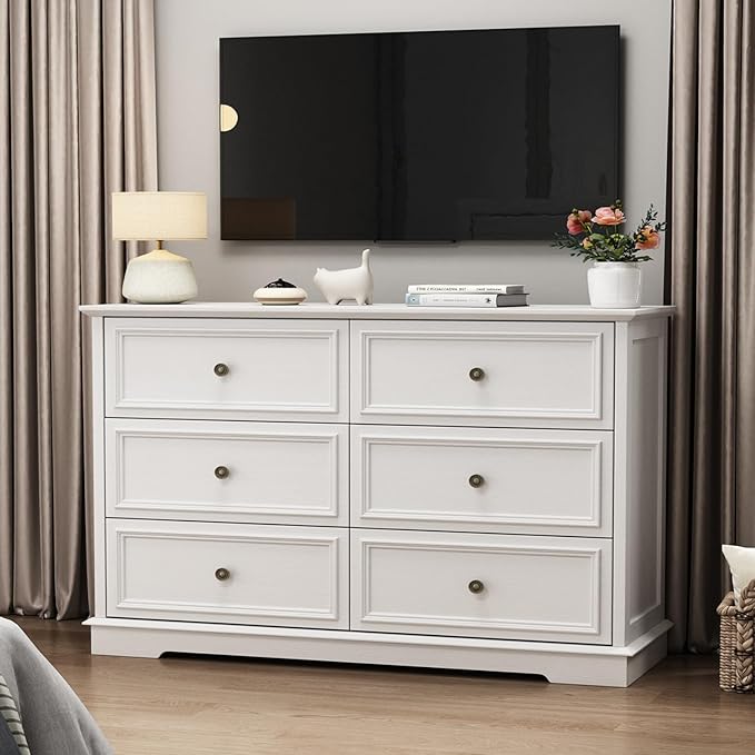 White Dressers for Bedroom, Modern 6 Drawer Dresser with Deep Drawers, Wooden Chest of Drawer and Bedroom Closet Dressers for Living Room, Entryway, Hallway