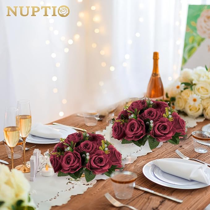 NUPTIO Flower Ball Arrangement Bouquet - 6 Pcs 9.5 inch Diameter Burgundy Fake Flowers Roses Balls for Centerpieces Tables - Artificial Rose Arrangements for Wedding Centerpiece Table Decorations