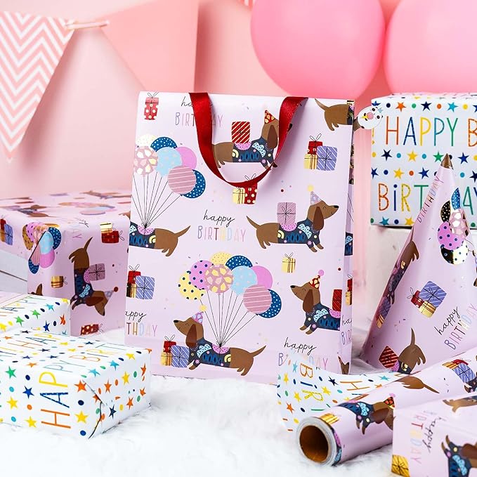 Burymento Birthday Dog Wrapping Paper, Reversible Color Happy Birthday Gift Wrap for Baby Shower, Valentines, Mothers day, Graduation, Wedding, Fathers day, Christmas (17in x 32.8ft)