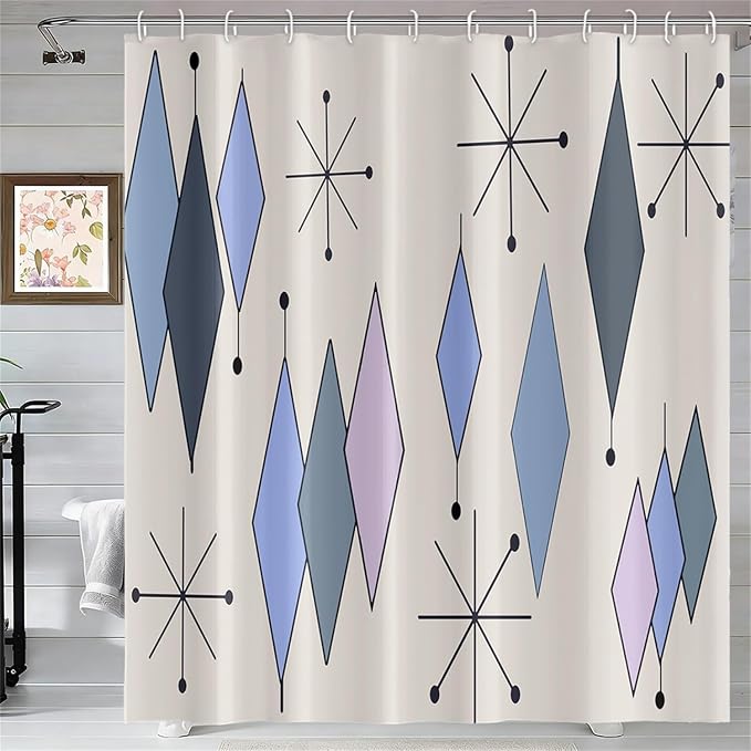 Mid Century Turquoise Shower Curtain Abstract Grey Blue Diamond Geometric Atomic Starburst Pattern Beige Backdrop for 1950s Retro Bathroom Decor Shower Curtain Set with 12 Hooks, 69x70 Inches