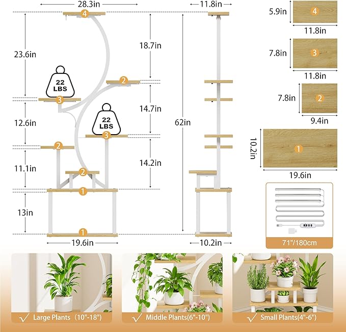 Plant Stand with Grow Lights for Indoor Plants, 8-Tiered Tall Corner Plant Shelf with Full Spectrum Light, S-Shaped Space-Saving Narrow Flower Holder, Anti-Tip for Living Room Bedroom Office, Natural
