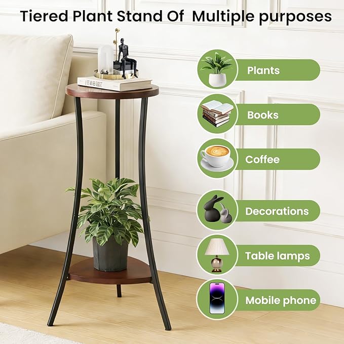 2-Tier Tall Plant Stand Indoor Outdoor, Round Wooden Corner Plant Shelf with Walnut Panel & Black Metal Frame, Modern Flower Pot Holder Rack for Living Room, Balcony, Patio Decor