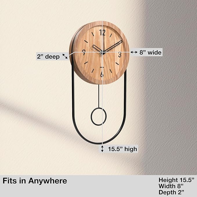 Driini Decorative Wall Clock with Pendulum (Oak) – Modern Wood, 3D Gold Numbers, Metal Frame – Small, Unique Wall Clocks for Living Room Decor or Bathroom - Battery Operated, Silent, Non-Ticking