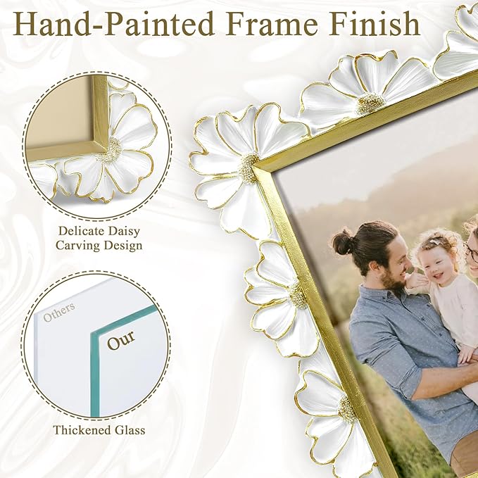 4x6 Vintage Flower Picture Frame, Ornate Antique Photo Frame with Glass Front, Elegant Picture Frame for for Wall or Tabletop Display, Gift ldeas for Home Decor (White Gold)