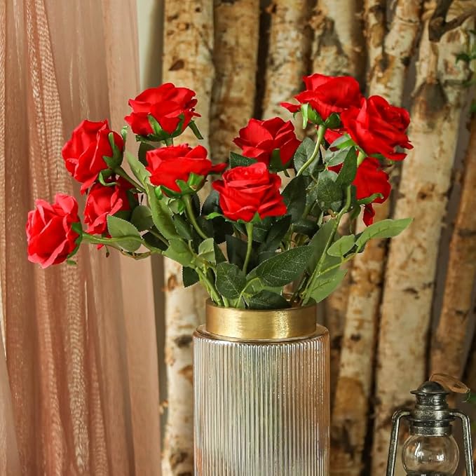 Kisflower 12 Pcs Red Roses Artificial Flowers with Stems Silk Roses Fake Rose Realistic Flower Bouquet for Wedding Party Office Home Decor (Red)