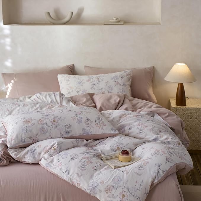 VM VOUGEMARKET King Duvet Cover Set,Blue Pink Flower Duvet Cover with 2 Pillowcases Cooling Breathable Lyocell & Cotton Bedding Set for Girls & Women (Blush Pink, 104x90 Inch)