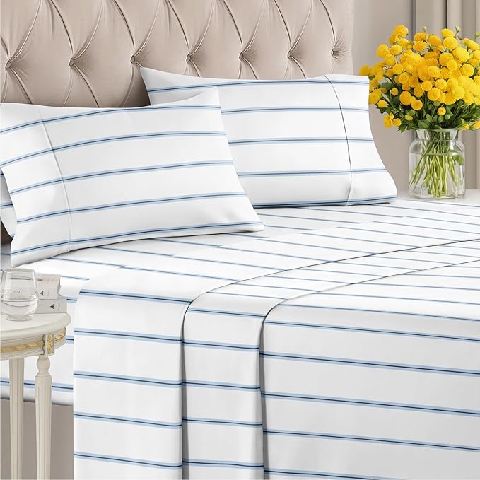 Striped Sheets - Blue & White Striped Sheets - 1 Flat & 1 Fitted & 2 Pillowcases w/ Deep Pockets – Wrinkle & Fade Free- Ultra-Soft, Breathable & Cooling - Full Size Bed Set – Luxury Pinstripe Bed Set