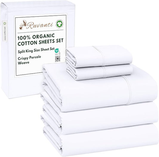 RUVANTI 100% Organic Cotton Sheets Split King, Percale Weave, GOTS Certified, 5-Piece Set, Deep Pocket 15", Crisp & Breathable, Soft Durable Bedding, Sábanas Algodón Orgánico – Bright White