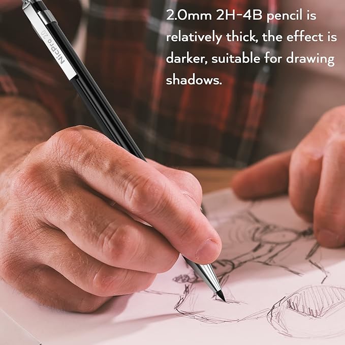 Nicpro 29PCS Black Metal Mechanical Pencil Set in Leather Case, 0.3, 0.5, 0.7, 0.9 & 2mm Lead Pencil Holder, (6B 4B 2B HB 2H 4H) Lead Refills (Black & Colors), Eraser For Art Drafting Sketching