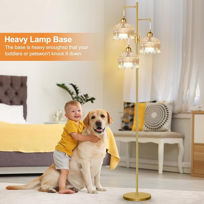 Dimmable Floor Lamps for Living Room Bedroom,Gold Floor Lamp with Glass Lampshape 3 Color Temperatures, Flower Mid Century Modern Standing Lamp Glass Tall Floor Lamps for Living Room Bedroom,Corner