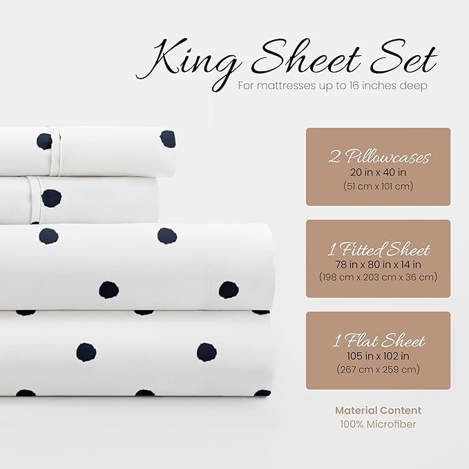 Linen Market Patterned Microfiber King Sheet Set 4 Piece – Oeko-TEX Certified Ultra Soft & Wrinkle-Free - 16" Deep Pocket Sheets - Easy Care King Size - Dots Navy