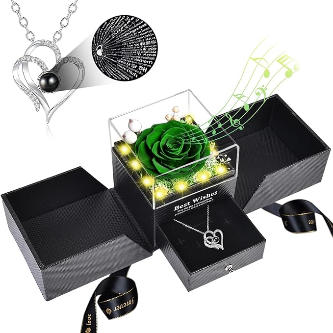 Christmas Birthday Gifts for Women - Preserved Real Rose with I Love You Heart 100-Language Necklace, LED Lights & Music Gift Box, Christmas for Women Girlfriend Mom