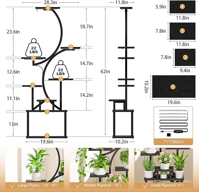 Plant Stand with Grow Lights for Indoor Plants, 8-Tiered Tall Corner Plant Shelf with Full Spectrum Light, S-Shaped Space-Saving Narrow Flower Holder, Anti-Tip for Living Room Bedroom Office, Black