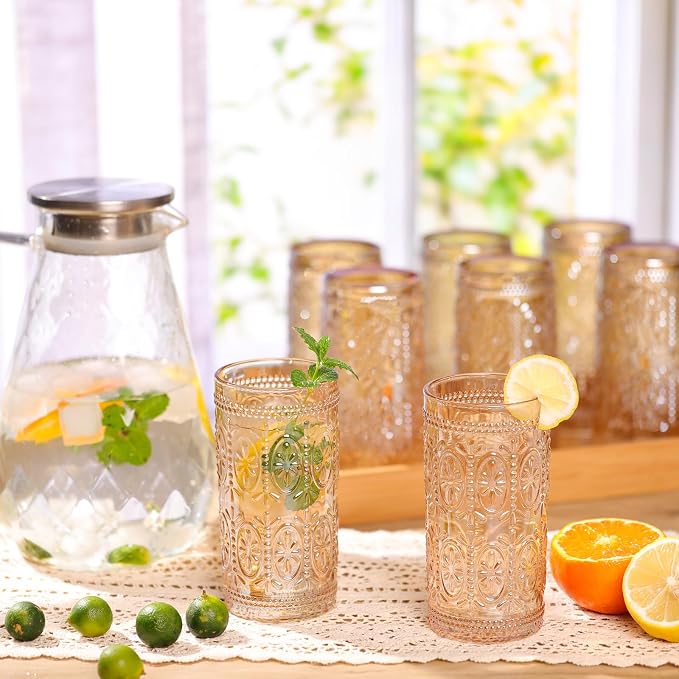 Darlion Amber Drinking Glasses, Highball Glass Cups, Amber Glassware, Drinking Glasses Set of 8, Vintage Water Cups for Party Wedding Gift