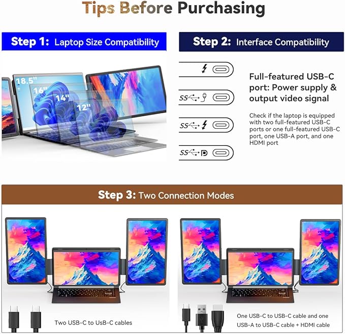 FQQ 15.6" Detachable Laptop Screen Extender, FHD 1080P IPS Dual/Triple Portable Monitor for Laptop, USB-C/HDMI Plug & Play, Multi/Extra Travel Display Computer Monitor for 12-18.5" Win/Mac/Android-S9H