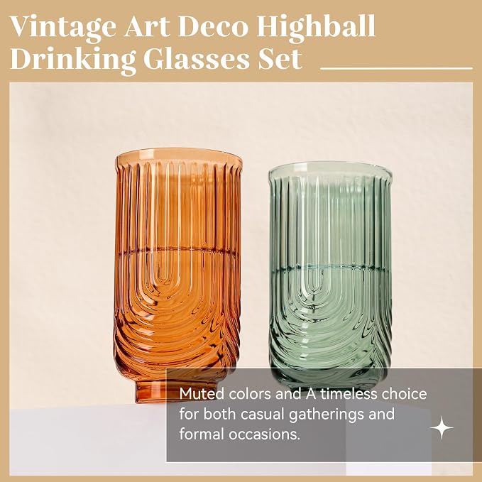 Colored Vintage Drinking Glasses Set of 6-17oz Hand-Blown Highball Ribbed Glassware, Arch Design Cocktail Glasses for Whiskey Water Beverages Ice Coffee Juice Milk